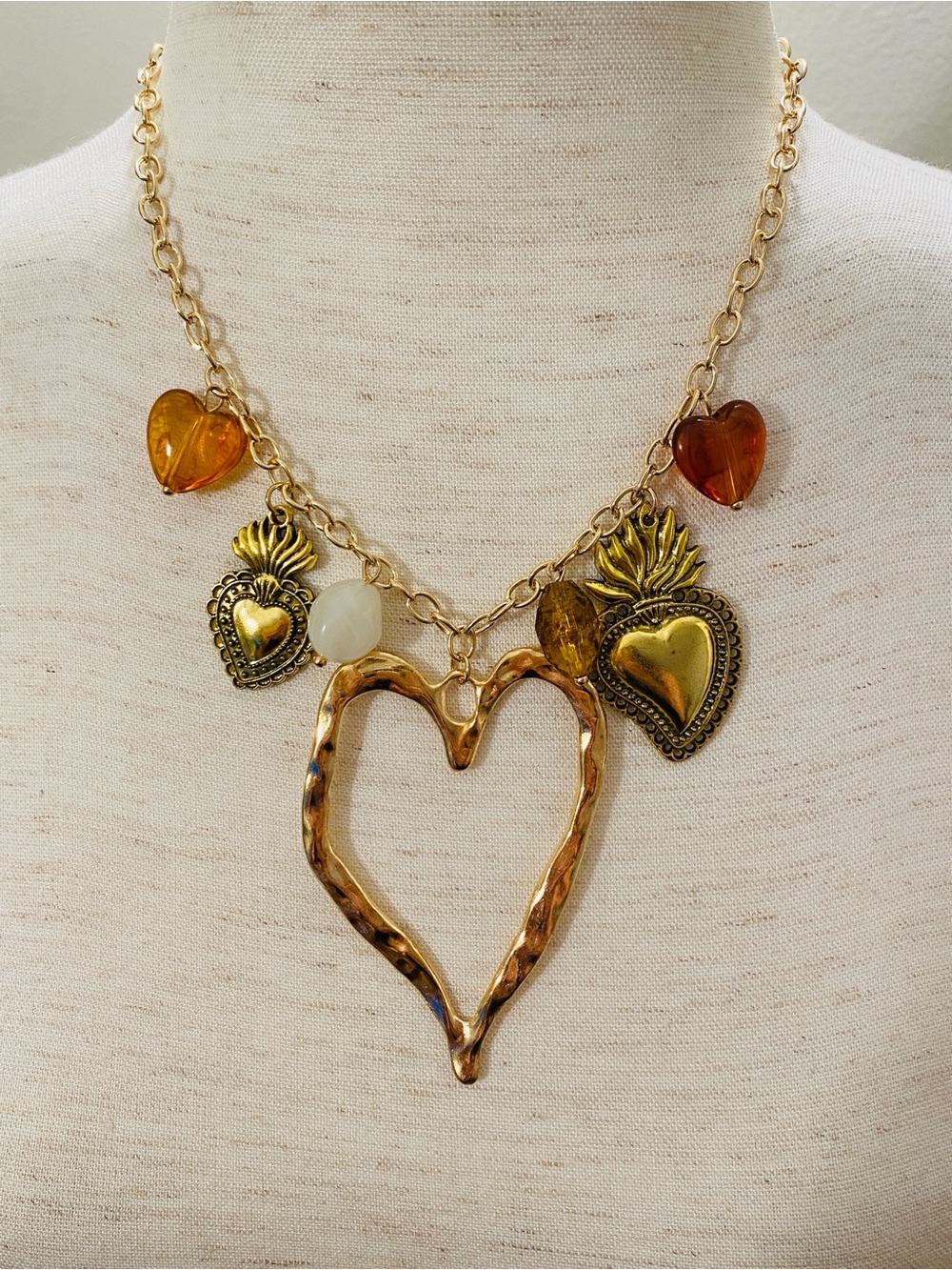Gold Heart Charm Necklace with Amber Accents